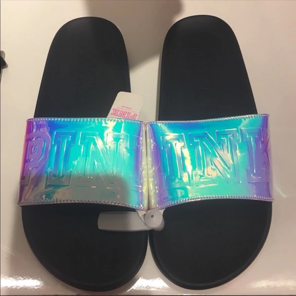NEW Vs Pink Silver Iridiscent Slides Medium 7/8 - Picture 3 of 4